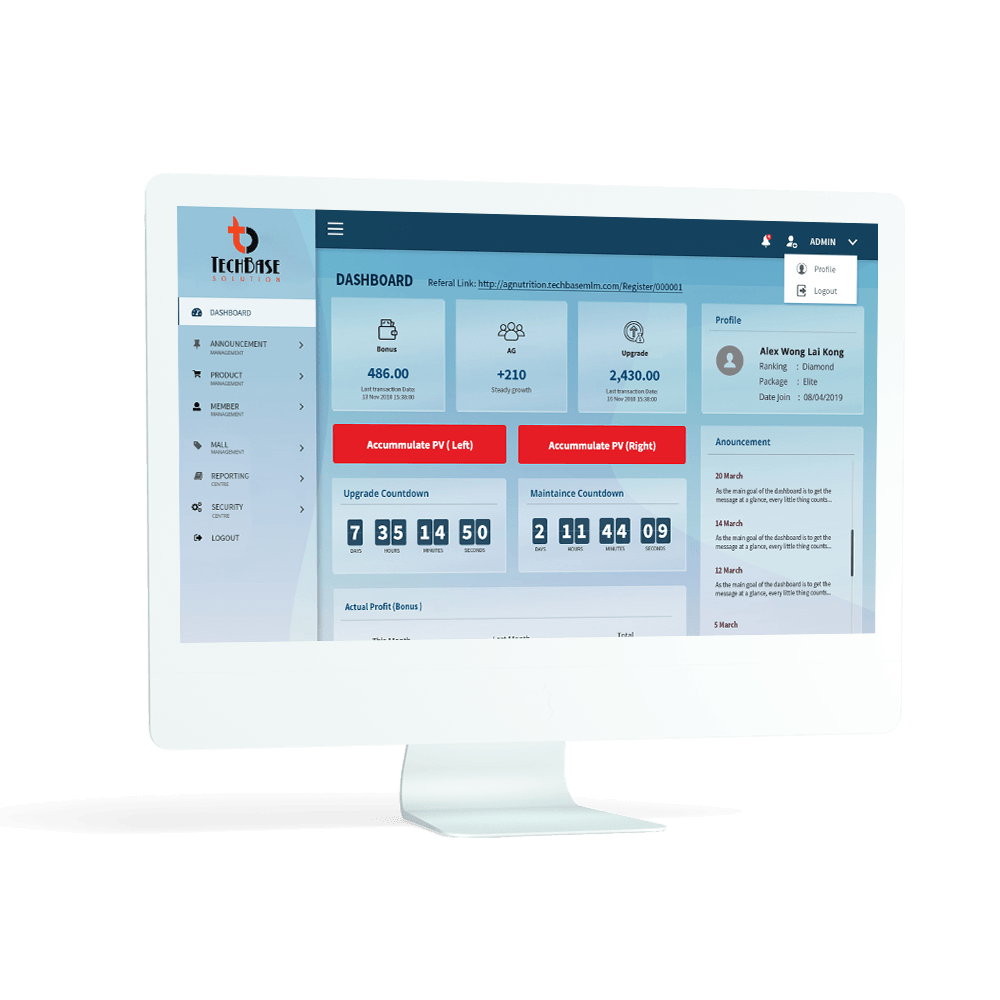 Techbase MLM Website Builder — Distributor self-replicating site preview