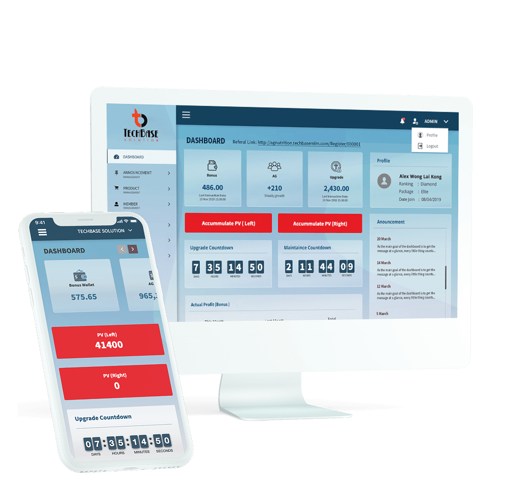 Techbase MLM Platform Member Dashboard Preview